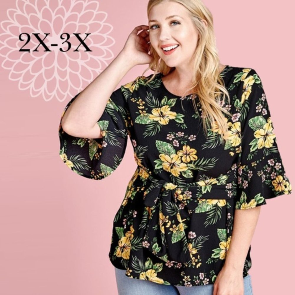 Floral Tie Front Bell Sleeve Top